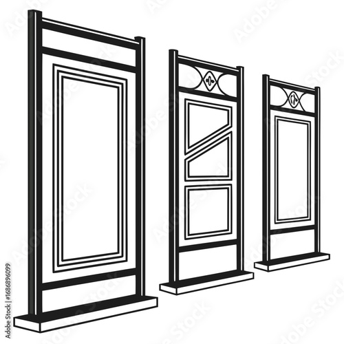 Three modern vertical poster frames display stands