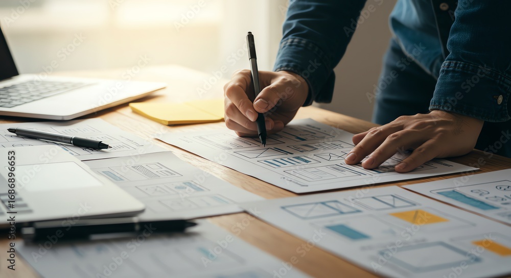 Naklejka premium Person sketching website layout on desk