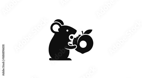 Simple black silhouette of a mouse eating an apple icon.