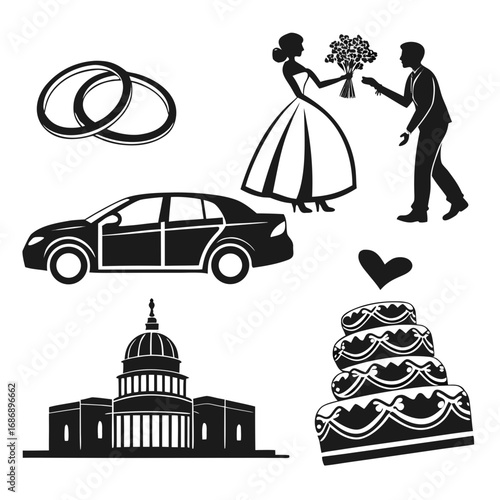 Wedding celebration icons couple rings car building cake