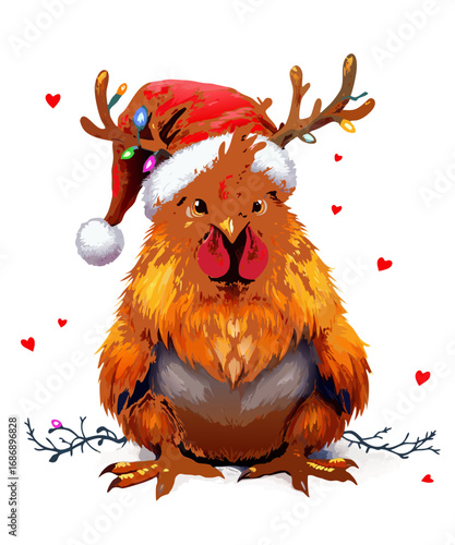 Whimsical rooster wearing a santa hat and reindeer antlers with festive christmas lights and small red hearts isolated on transparent background