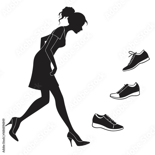 Woman choosing shoes silhouette high heels sneakers