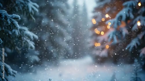 Snowfall in a winter forest with sparkling string lights on a evergreen tree. Holiday season Christmas eve winter wonderland atmosphere footage.