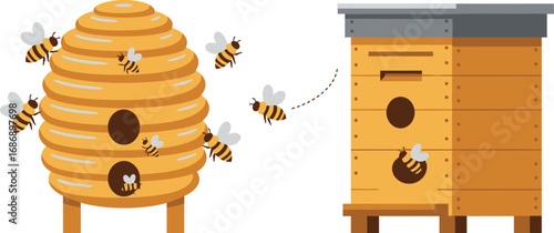 bees buzzing around natural honeycomb and manmade beehive structure
