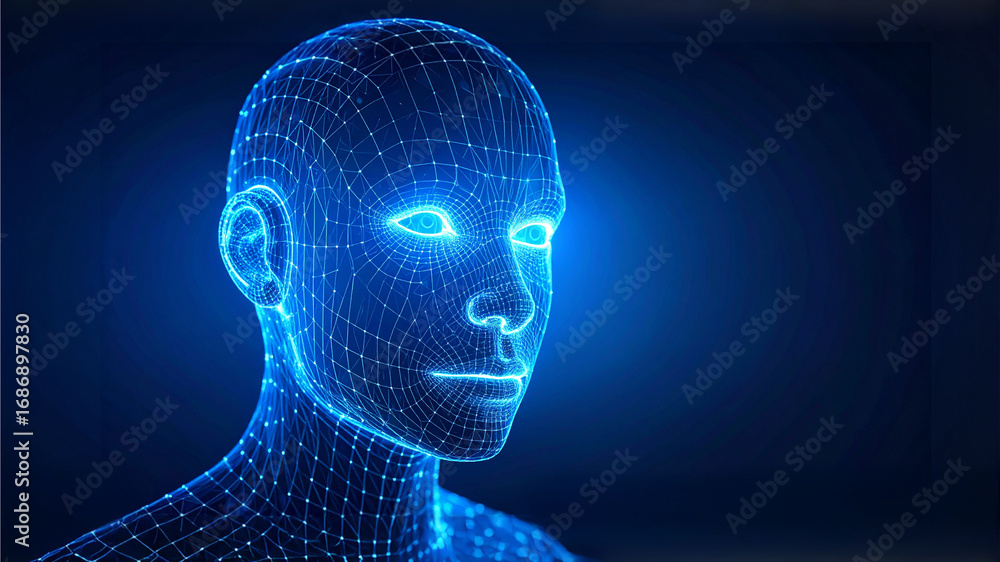 Obraz premium A futuristic digital human head with glowing eyes and a wireframe structure