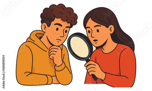 Curious Kids with Magnifying Glass Cartoon Investigation Illustration