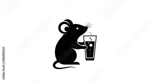 Simple black silhouette of a mouse holding a glass of beer.