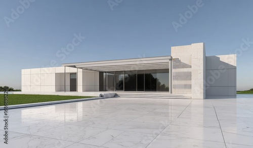 Wallpaper Mural Modern minimalist building with large glass windows and a spacious tiled courtyard Torontodigital.ca