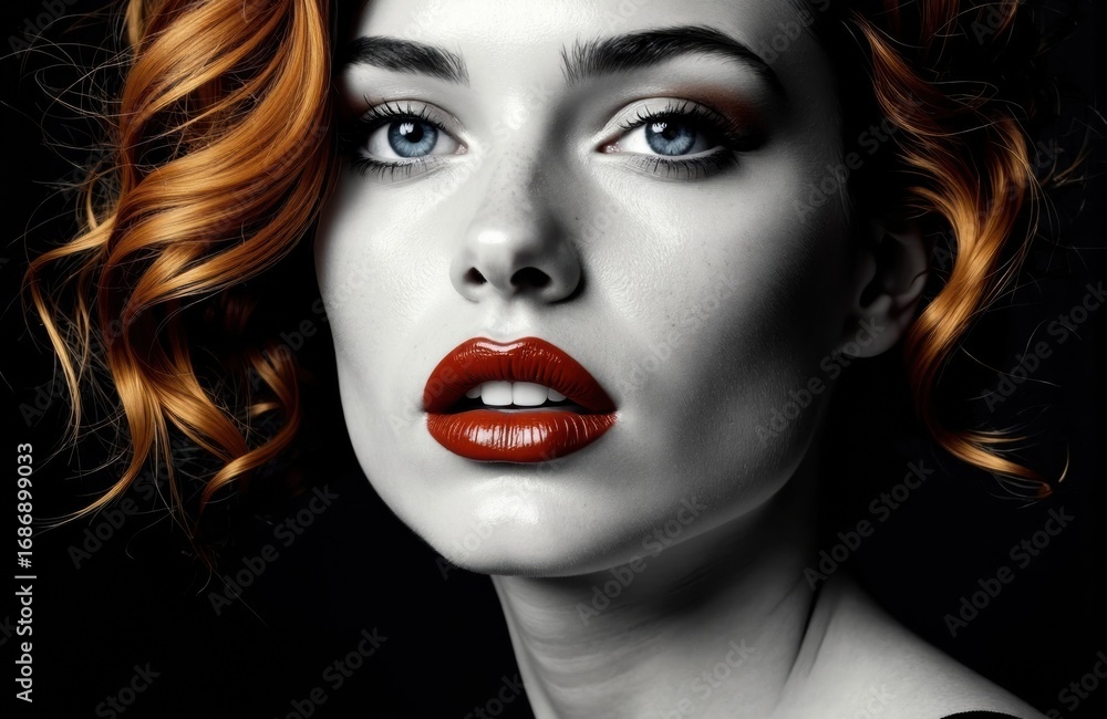 Fototapeta premium Woman with red hair and striking makeup looking directly at the camera