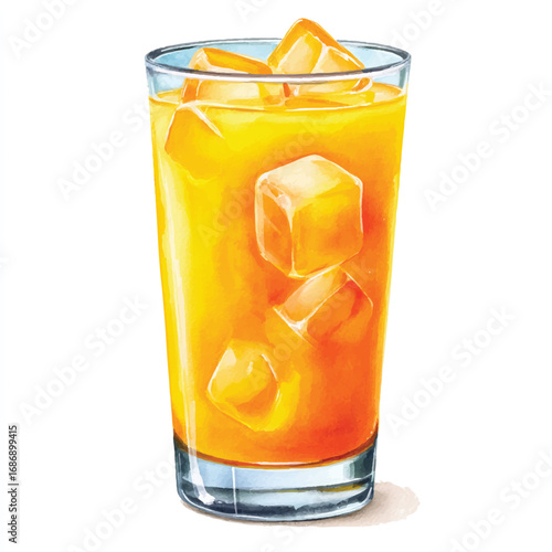 Watercolor Illustration of a Refreshing Orange Drink with Ice Cubes