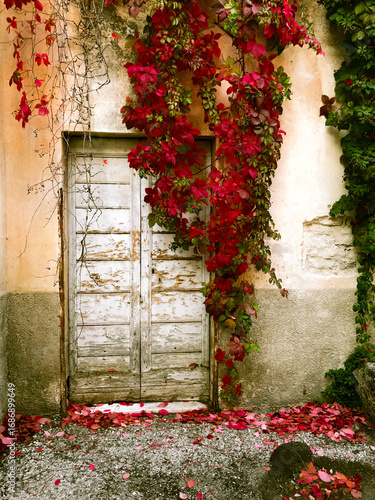 A weathered wooden door is framed by vibrant red and green ivy, with a scattering of fallen autumn leaves on the gravel ground in front of an old stucco wall.