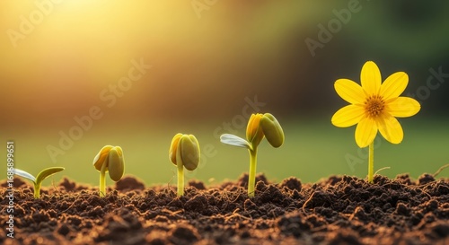 Plant growth stages from seed to flower under sunlight. Development life cycle in fertile soil, yellow flower