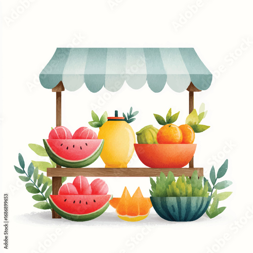 Watercolor Illustration of a Summer Fruit Stand with Watermelon Oranges and a Unique Yellow Pitcher