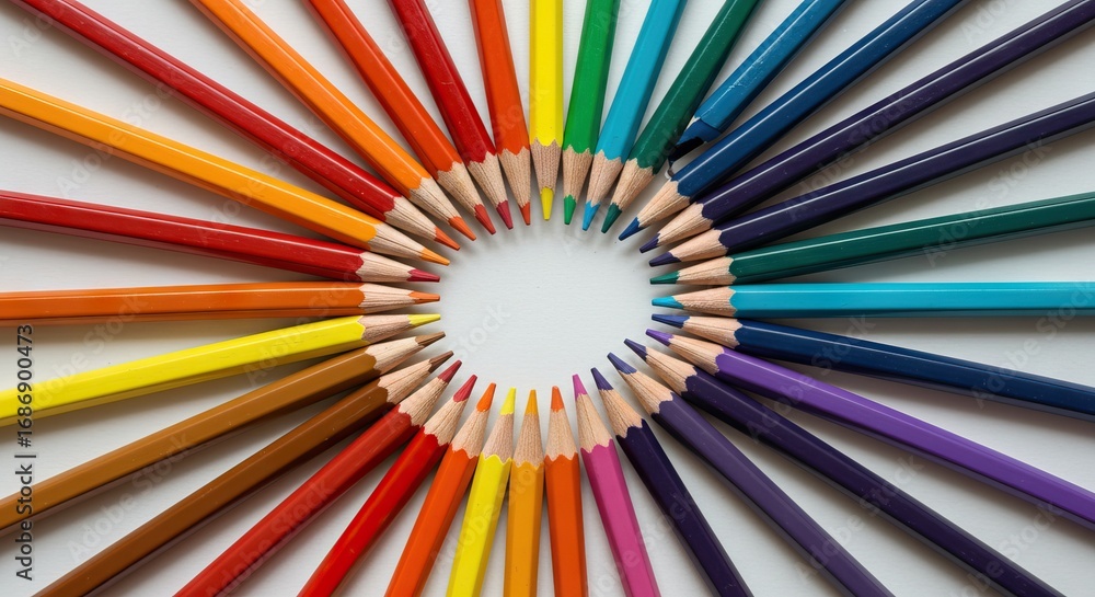 Obraz premium A circle of colored pencils pointing inward on a white background