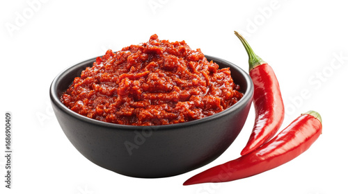 Red chili paste in bowl with peppers isolated on a transparent background