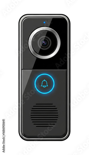 A smart doorbell with a glossy black face, a camera at the top, and a glowing, blue-lit ring with a bell icon around the button. Isolated transparent background ( cut-out PNG file ).