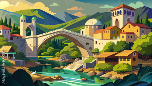 Mostar’s Old Bridge, Bosnia and Herzegovina arches gracefully above emerald waters, symbolizing reconciliation and cultural fusion across Ottoman, Mediterranean, and Balkan traditions.