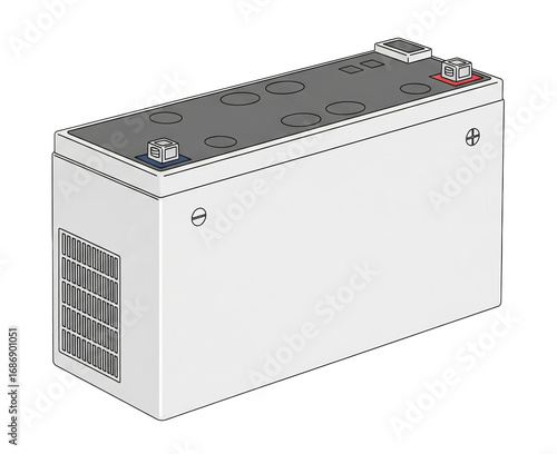 A heavy-duty rectangular white battery with a black top.Isolated transparent background ( cut-out PNG file ).