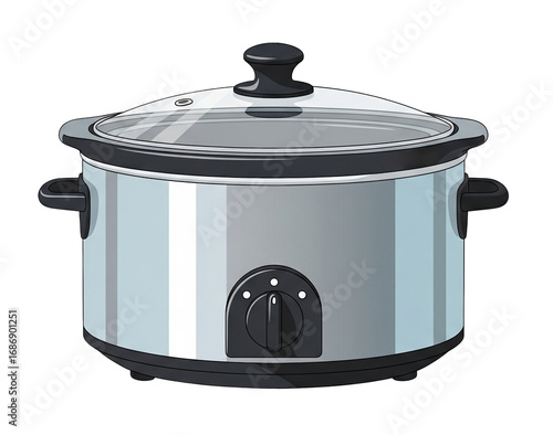 A polished silver slow cooker with a glass lid and black plastic handles. Isolated transparent background ( cut-out PNG file ).