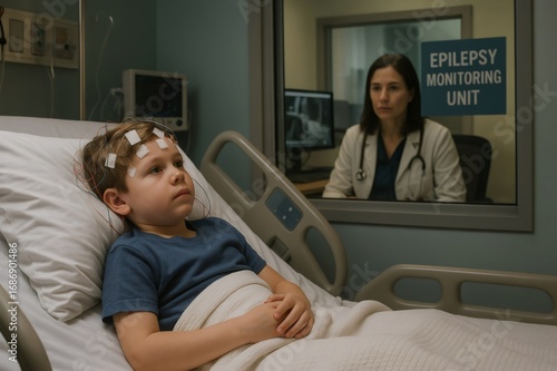 Young boy with electrodes attached to his head resting in a hospital bed while a female doctor observes him from a monitoring room