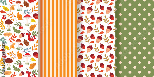 Autumn nature seamless patterns collection. Background with mushrooms, leaves, berries, acorns. Striped and polka dot print. Vector graphic