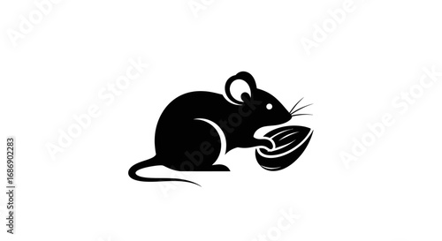 Simple black silhouette of a mouse holding a sunflower seed.