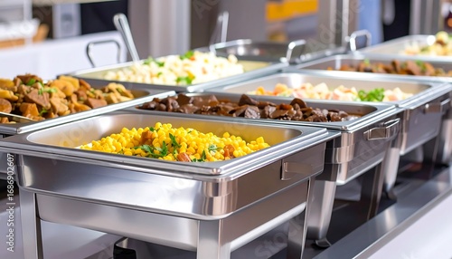 Buffet with various dishes in stainless steel chafing dishes