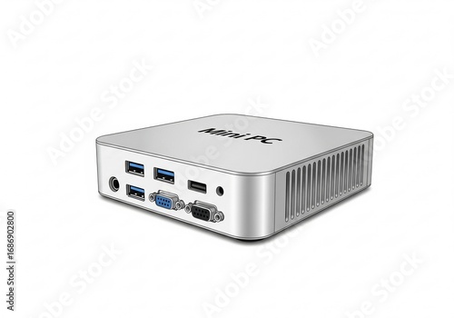 A detailed rendering of a compact mini PC, with multiple ports for various connections and a 