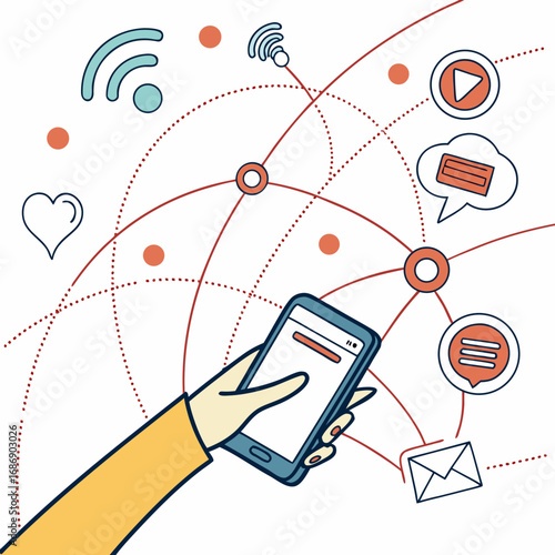 Hand holding a smartphone connected to a network of communication icons and wi fi signals