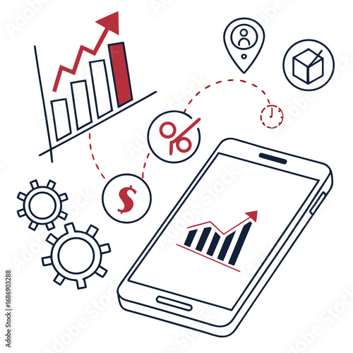 Mobile analytics and financial growth concept with charts gears and icons representing data and business