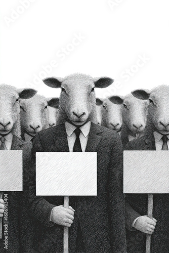 Corporate Sheep in Suits Holding Protest Signs – Dark Metaphor for Conformity and Political Illusion