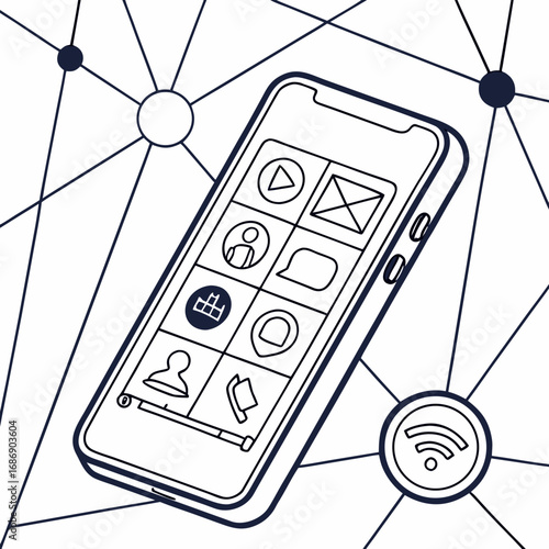 Modern smartphone displaying various app icons connected to a digital network grid