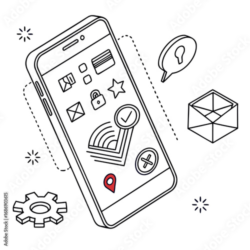 Modern smartphone displaying various app icons and notification bubbles in a clean isometric line art style