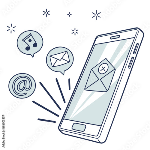 Smartphone displaying an email notification with surrounding communication icons and sparkling effects