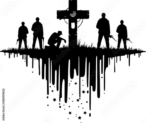 USA Military Memorial Silhouette with Flags and Cross" Graphics