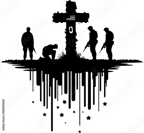 USA Military Memorial Silhouette with Flags and Cross" Graphics