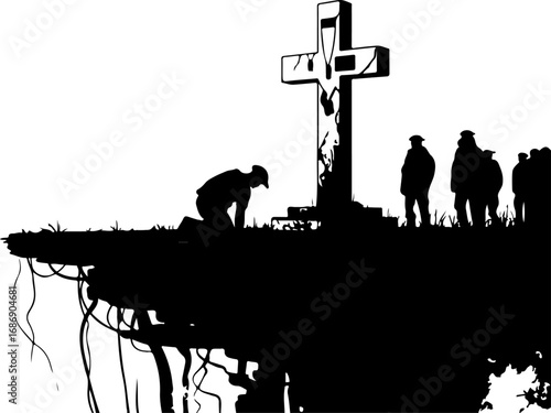 USA Military Memorial Silhouette with Flags and Cross" Graphics