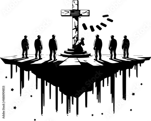 USA Military Memorial Silhouette with Flags and Cross" Graphics