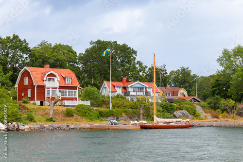 Photography Charming Swedish houses along Stockholm fjord coast