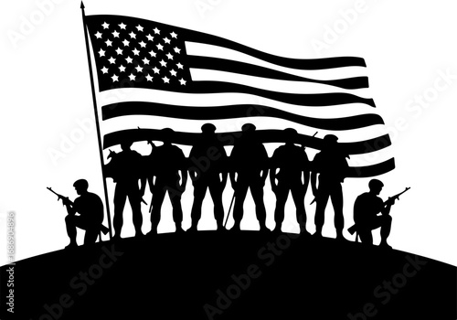 USA Military Memorial Silhouette with Flags and Cross" Graphics