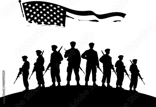 USA Military Memorial Silhouette with Flags and Cross" Graphics