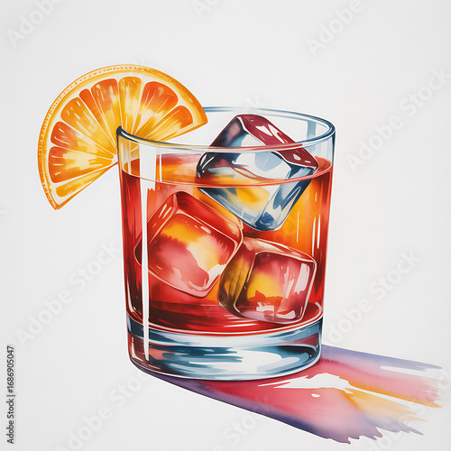 A watercolor painting depicts a cocktail in a short glass. The drink is red-orange, features large ice cubes, and is garnished with an orange slice on the rim, set against a white background.