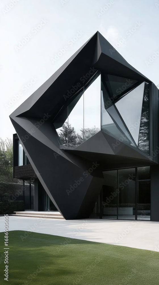 Fototapeta premium Modern Geometric House with Angular Facades and Large Glass Windows