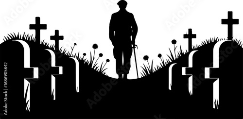 USA Military Memorial Silhouette with Flags and Cross" Graphics