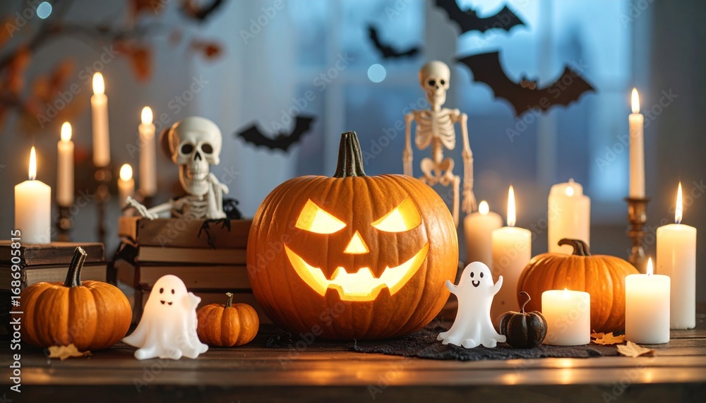 Obraz premium A festive Halloween setup featuring a glowing jack-o'-lantern, pumpkins, and spooky decorations. Lit candles add a warm, eerie glow to the scene, creating an atmosphere of anticipation and fright.