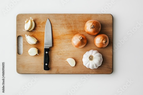 A wooden cutting board holding garlic, onions, and sharp knife.