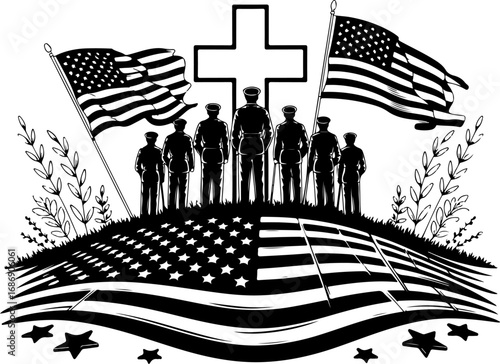USA Military Memorial Silhouette with Flags and Cross" Graphics