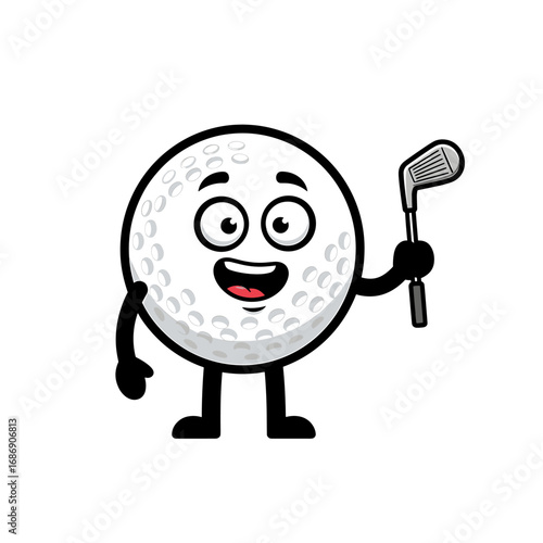 Cartoon golf ball character with a smiling face holding a golf club, isolated on white.