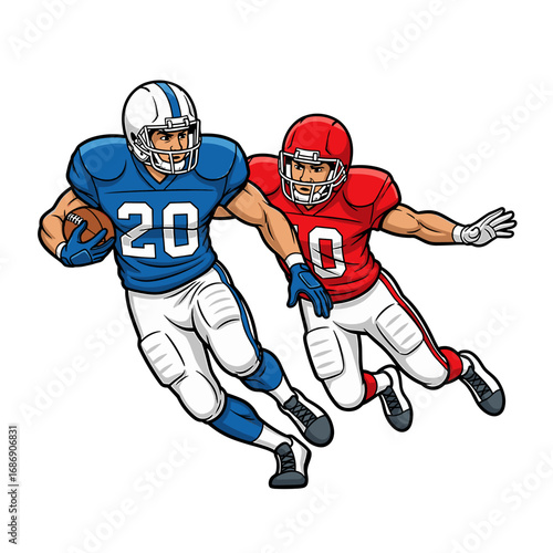 Cartoon illustration of two American football players in action, one running with the ball while being pursued.