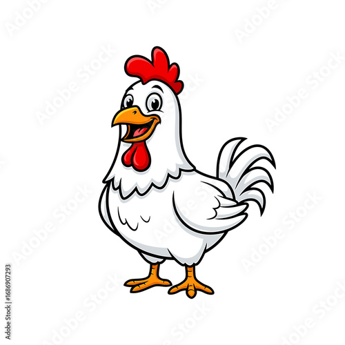 Cartoon illustration of a smiling white chicken with red comb and wattle, standing on a white background.